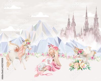 Fototapete Children's wallpaper. Wallpaper for girls. Princess with unicorns.