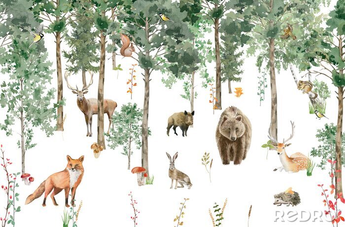 Fototapete Children's wallpaper. Watercolor forest with animals.