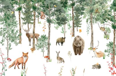 Fototapete Children's wallpaper. Watercolor forest with animals.