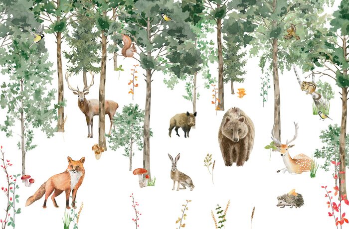 Fototapete Children's wallpaper. Watercolor forest with animals.