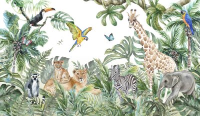 Fototapete Children's wallpaper, watercolor jungle and animals. Lions, giraffe, elephant, parrots, zebra, lemur