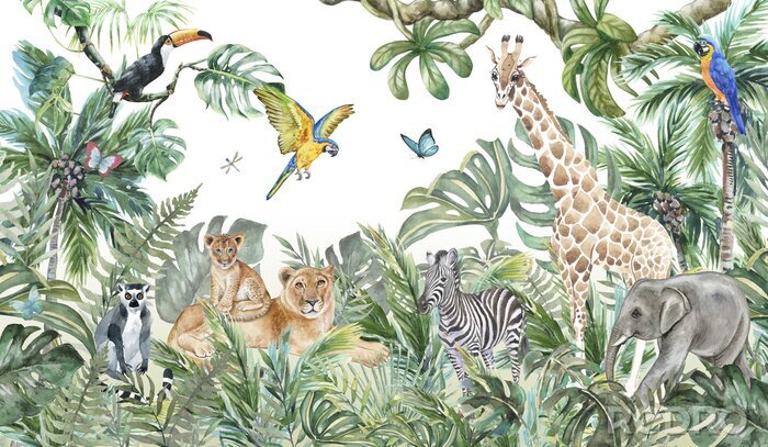 Fototapete Children's wallpaper, watercolor jungle and animals. Lions, giraffe, elephant, parrots, zebra, lemur