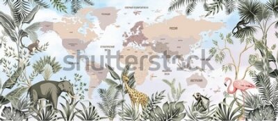 Fototapete Children's world map. World map with the names of countries in Russian. Russia, America, Africa, Australia, Europe, Antarctica. A drawn map of the world with animals.