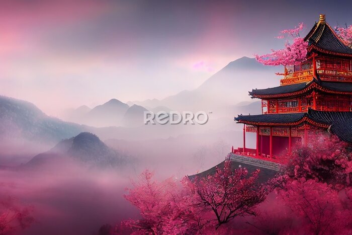 Fototapete Chinese temple on a foggy mountain with sakura trees