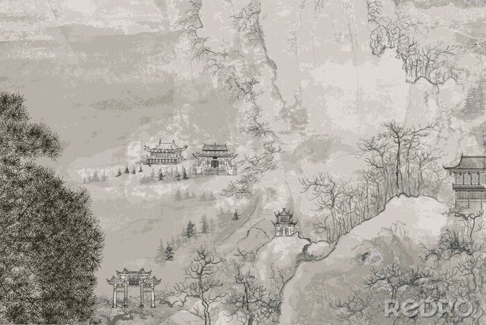 Fototapete Chinesische Landschaft mit Kirschblüten