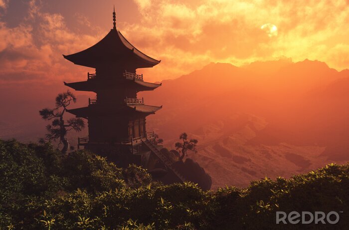 Fototapete Chinesisches Haus vor dem Hintergrund eines schönen Himmels bei Sonnenuntergang