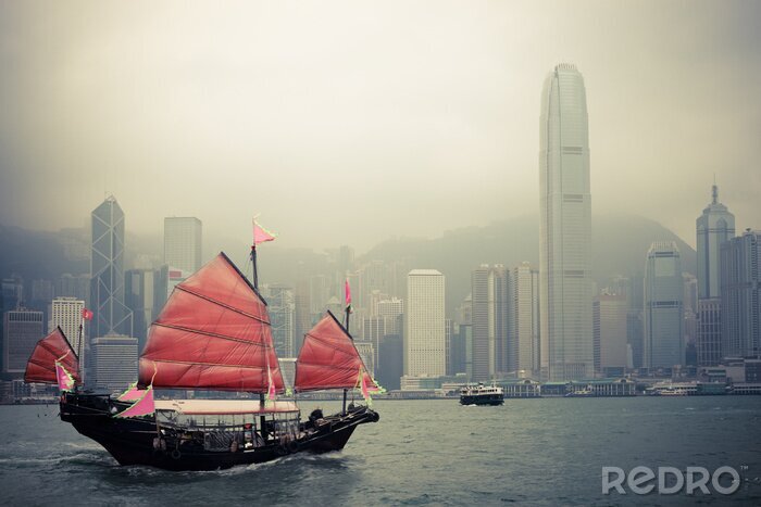 Fototapete Chinesisches Segelboot in Hongkong
