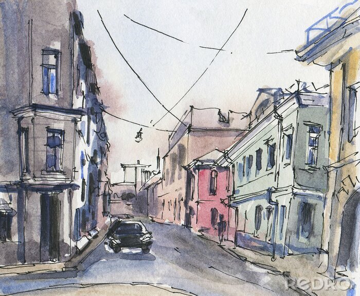 Fototapete City landscape.  Sketch ink and watercolor.