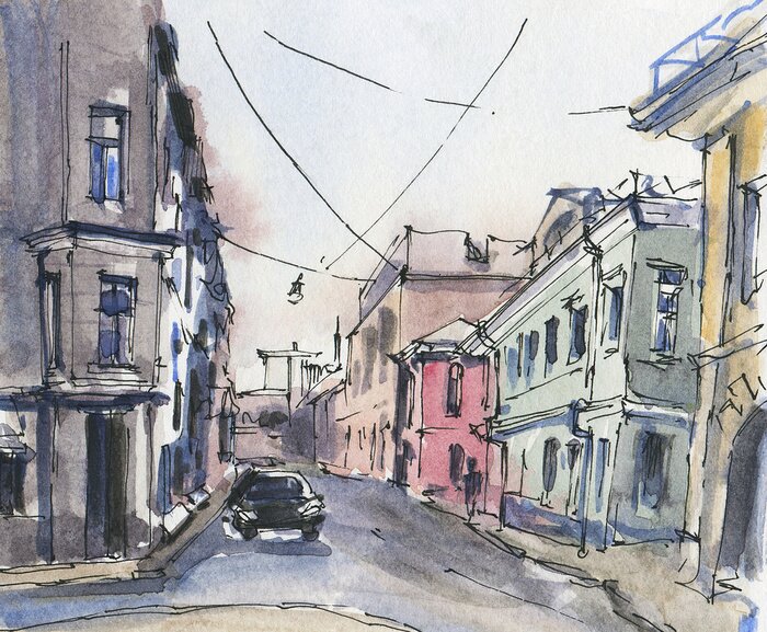 Fototapete City landscape.  Sketch ink and watercolor.