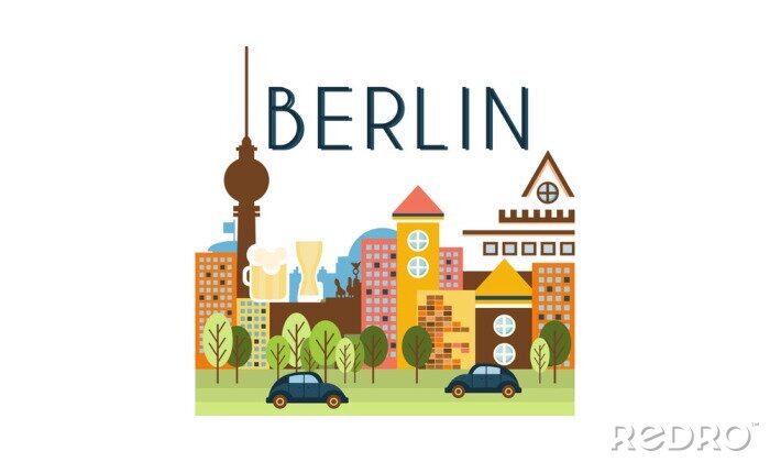 Fototapete City street, Berlin travel poster vector Illustration on a white background