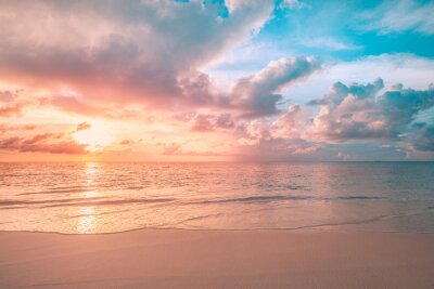 Fototapete Closeup sea sand beach. Panoramic beach landscape. Inspire tropical beach seascape horizon. Orange and golden sunset sky calmness tranquil relaxing sunlight summer mood. Vacation travel holiday banner