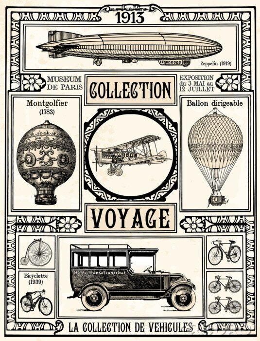 Fototapete Collage aus Illustrationen von Fahrzeugen im Retro-Stil