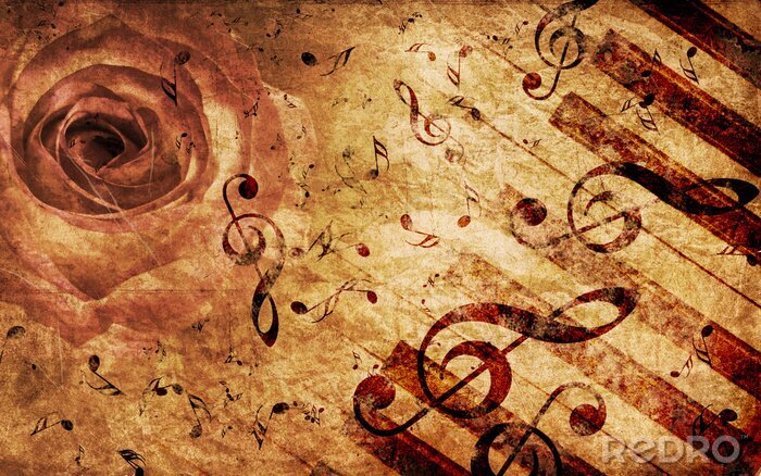 Fototapete Collage mit Instrument Noten und Rose