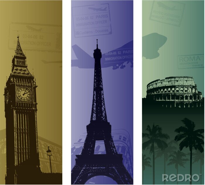 Fototapete Collage mit Symbolen verschiedener Städte