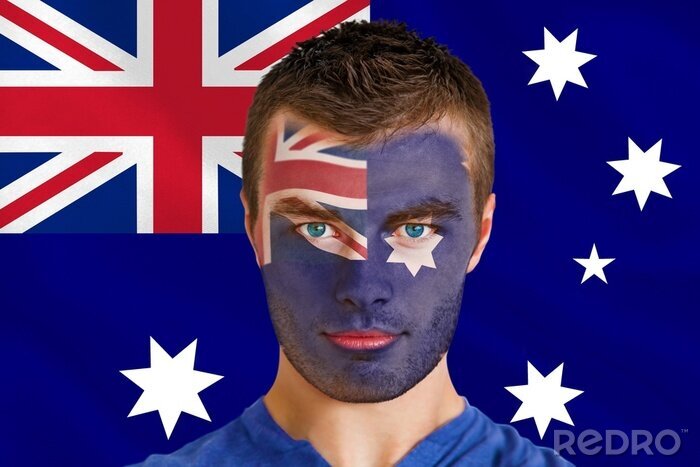 Fototapete Composite-Bild von ernsten jungen Australien-Fan mit Gesichtsbemalung