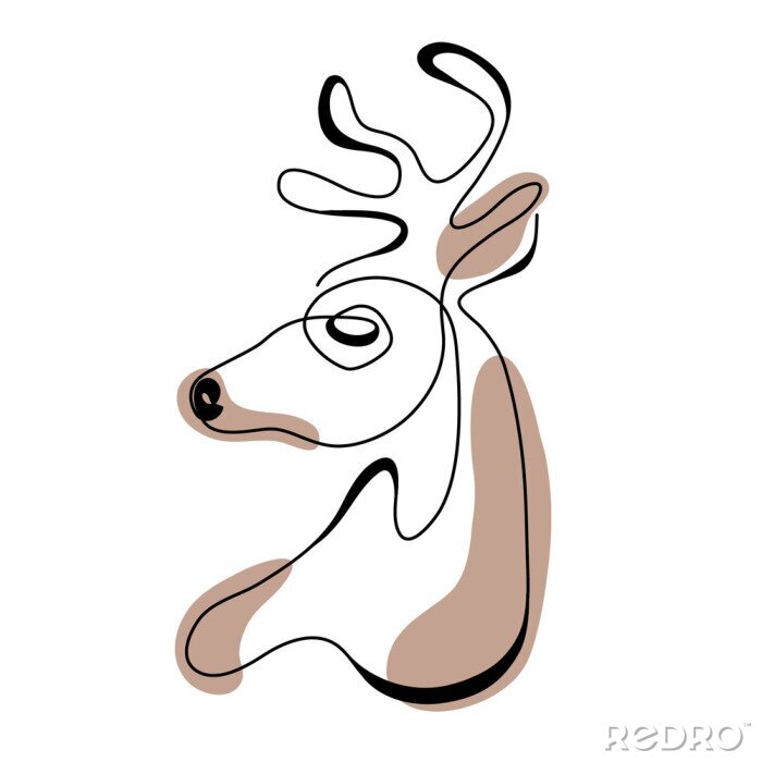 Fototapete Continuous line drawing abstract deer. Modern one line animal illustration, aesthetic contour. Head of Christmas Santa reindeer for greeting cards, prints, poster, sticker, logo. banner. Vector
