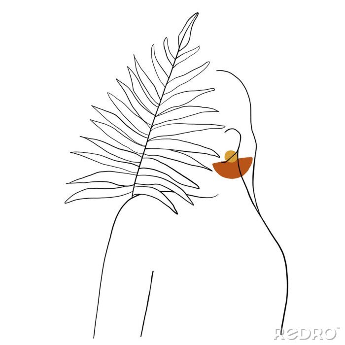 Fototapete Continuous line, drawing of woman face, fashion concept, woman beauty minimalist with geometric doodle Abstract floral elements pastel colors. One line continuous drawing. vector illustration