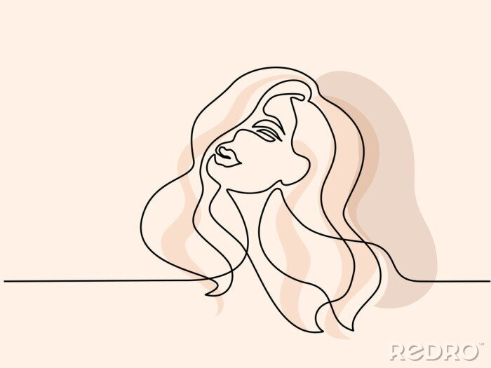 Fototapete Continuous one line drawing. Abstract portrait of pretty young woman with beautiful hair. Vector soft color illustration