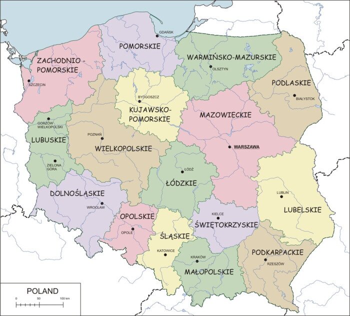 Fototapete Contour Landkarte von Polen mit Woiwodschaften, Flüsse und Seen
