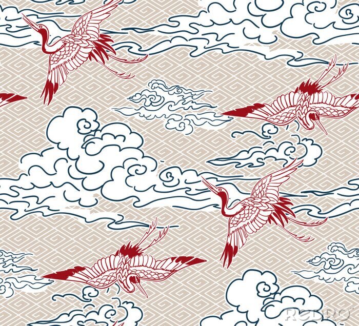 Fototapete crane birds sky cloud japanese chinese vector design pattern