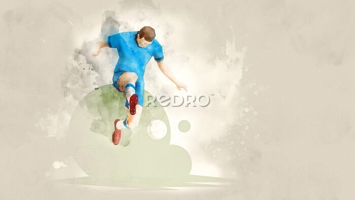 Fototapete Creative abstract soccer player. Soccer Player Kicking Ball. Watercolor background. Retro style