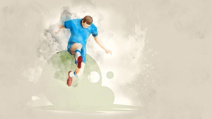 Fototapete Creative abstract soccer player. Soccer Player Kicking Ball. Watercolor background. Retro style