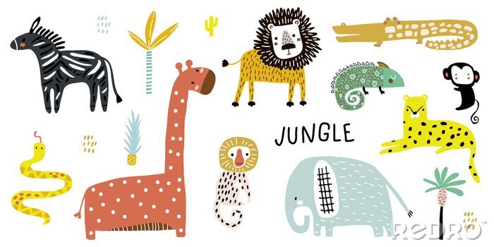 Fototapete Creative Jungle and african animals in Children's style. Set of adorable elephant, giraffe, lion, zebra, crocodile,monkey, cheetah, snake. Vector illustration.