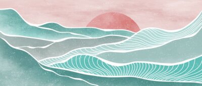 Fototapete Creative minimalist modern paint and line art print. Abstract ocean wave and mountain contemporary aesthetic backgrounds landscapes. with sea, skyline, wave. vector illustrations