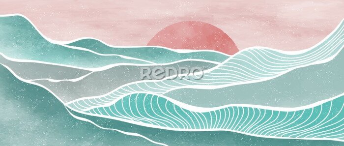 Fototapete Creative minimalist modern paint and line art print. Abstract ocean wave and mountain contemporary aesthetic backgrounds landscapes. with sea, skyline, wave. vector illustrations
