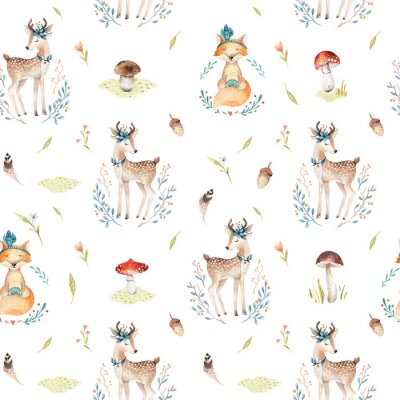 Cute Baby Füchse und Hirsche Tier nahtlose Muster isoliert Illustration für Kinder Kleidung. Aquarell Hand gezeichnetes Boho-Bild Vervollkommnen Sie für Telefonkastenentwurf, Kindertagesstättenplakate
