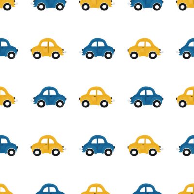 Cute children's seamless pattern with blue and yellow small cars on a light background. Illustration of a automobils in a cartoon style for Wallpaper, fabric, and textile design. Vector