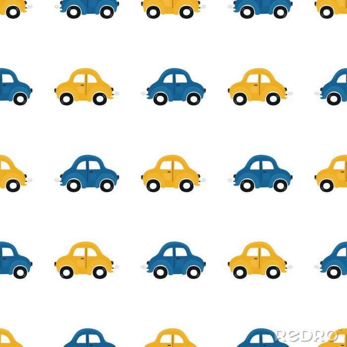 Fototapete Cute children's seamless pattern with blue and yellow small cars on a light background. Illustration of a automobils in a cartoon style for Wallpaper, fabric, and textile design. Vector