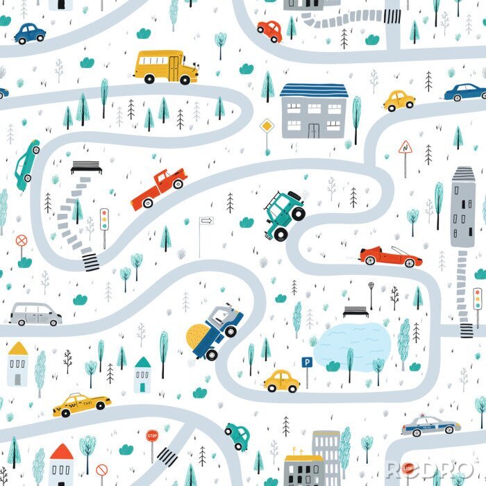 Fototapete Cute children's seamless pattern with cars, road, Park, houses on a white background. Illustration of a town in a cartoon style for Wallpaper, fabric, and textile design. Vector