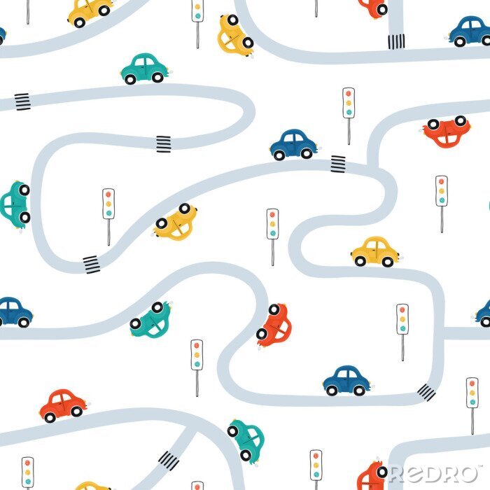 Fototapete Cute children's seamless pattern with mini cars on a white background. Illustration of a town in a cartoon style for Wallpaper, fabric, and textile design. Vector