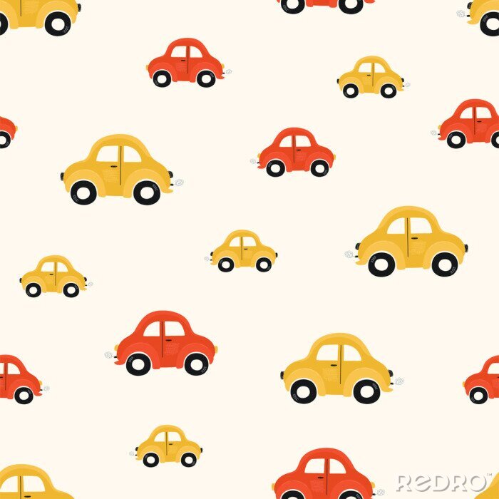 Fototapete Cute children's seamless pattern with red and yellow small cars on a light background. Illustration of a automobils in a cartoon style for Wallpaper, fabric, and textile design. Vector