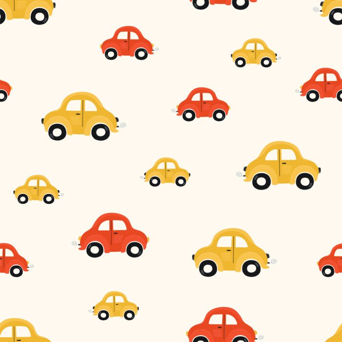 Fototapete Cute children's seamless pattern with red and yellow small cars on a light background. Illustration of a automobils in a cartoon style for Wallpaper, fabric, and textile design. Vector