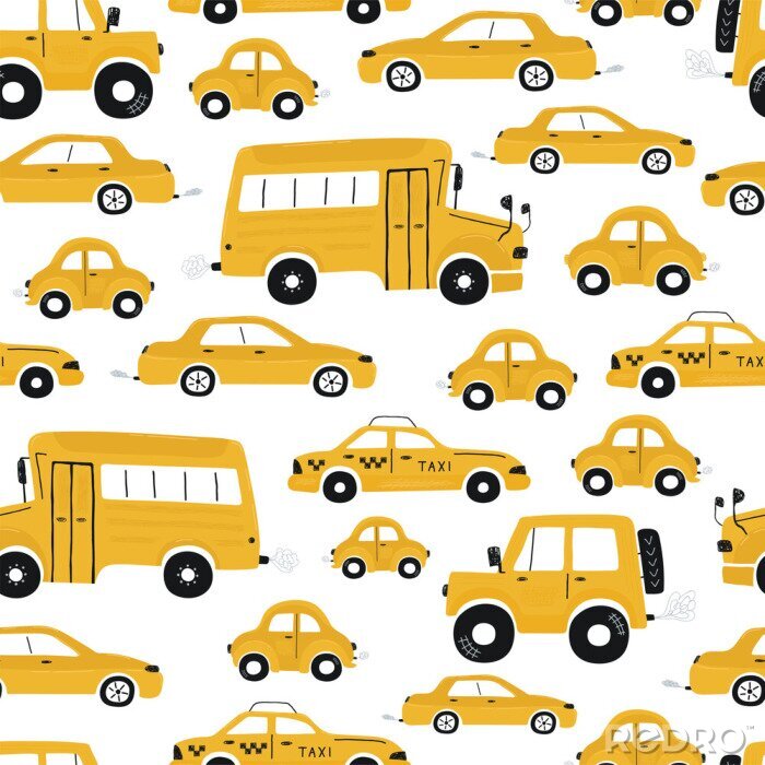 Fototapete Cute children's seamless pattern with yellow cars and bus on a white background. Illustration of a town in a cartoon style for Wallpaper, fabric, and textile design. Vector