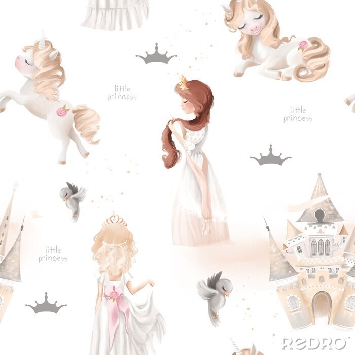 Fototapete Cute girl, princess seamless, tileable pattern - princesses, unicorns, magic castle, birds and crowns on white background