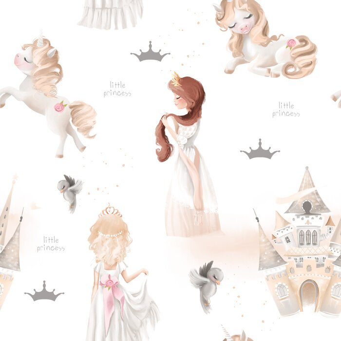 Fototapete Cute girl, princess seamless, tileable pattern - princesses, unicorns, magic castle, birds and crowns on white background