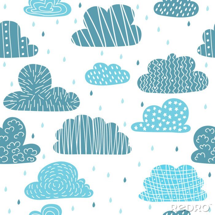 Fototapete Cute hand drawn seamless pattern with clouds. Funny background