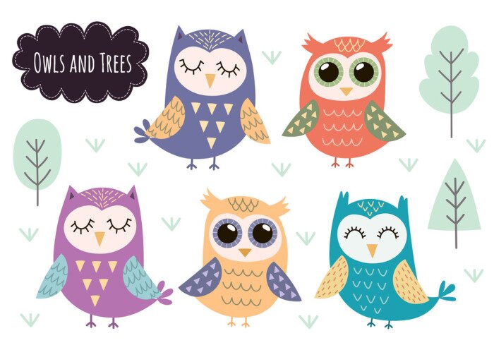 Fototapete Cute owls collection. Forest animals isolated elements