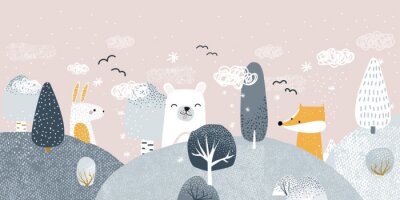Fototapete Cute pastel winter forest landscape with animals. Childish trendy print. Vector hand drawn illustration.