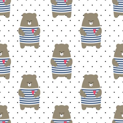 Cute tragen nahtlose Muster auf Polka Dots Hintergrund. Cartoon parisian Teddybär-Vektor-Illustration. Kind Zeichnung Stil Tier Hintergrund. Design für Stoff, Textil etc.