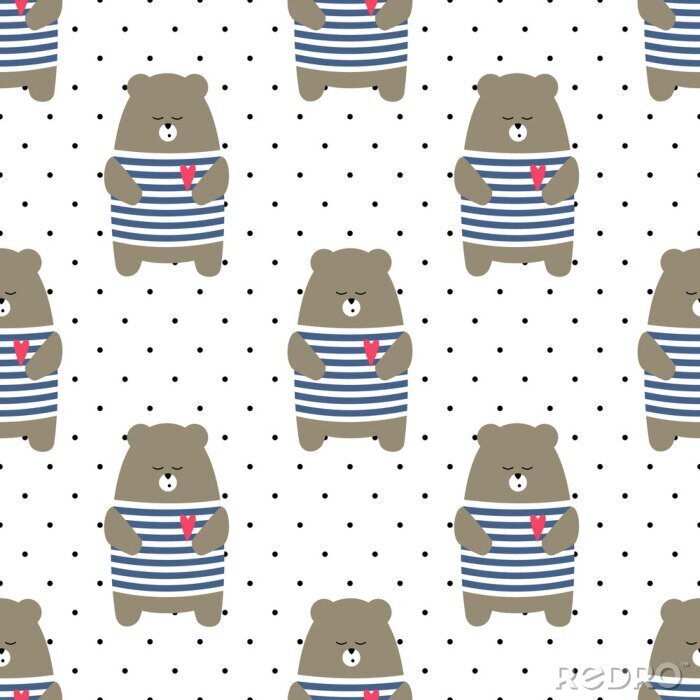 Fototapete Cute tragen nahtlose Muster auf Polka Dots Hintergrund. Cartoon parisian Teddybär-Vektor-Illustration. Kind Zeichnung Stil Tier Hintergrund. Design für Stoff, Textil etc.