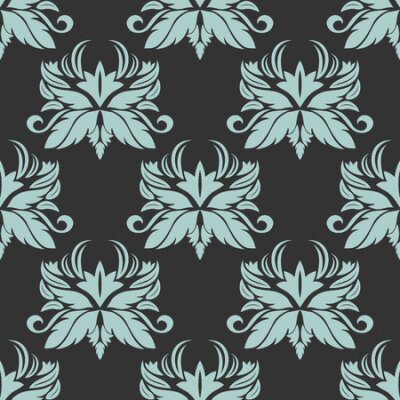 Fototapete Cyan farbigen floral nahtlose Muster mit filigranen Blumen verziert in Dama für Tapeten, Fliesen und Stoffmuster in quadratischen Format isoliert über grauen Hintergrund