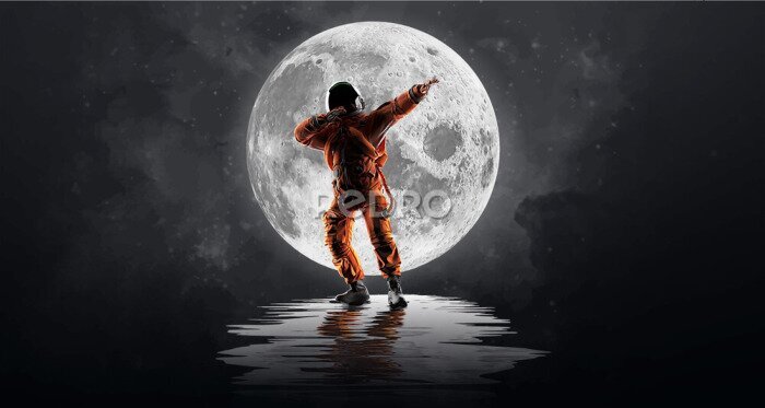 Fototapete Dancing astronaut on the background of the moon and space. Vector illustration