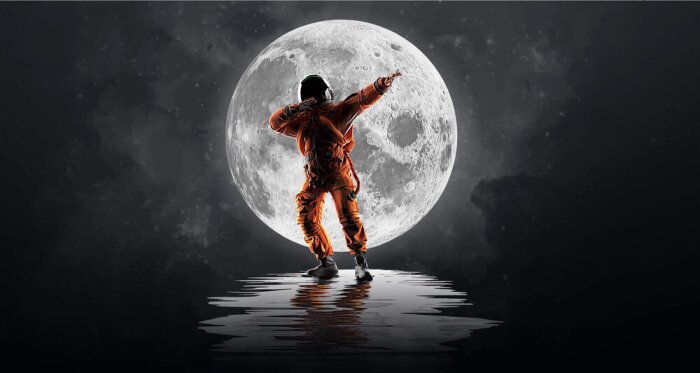 Fototapete Dancing astronaut on the background of the moon and space. Vector illustration