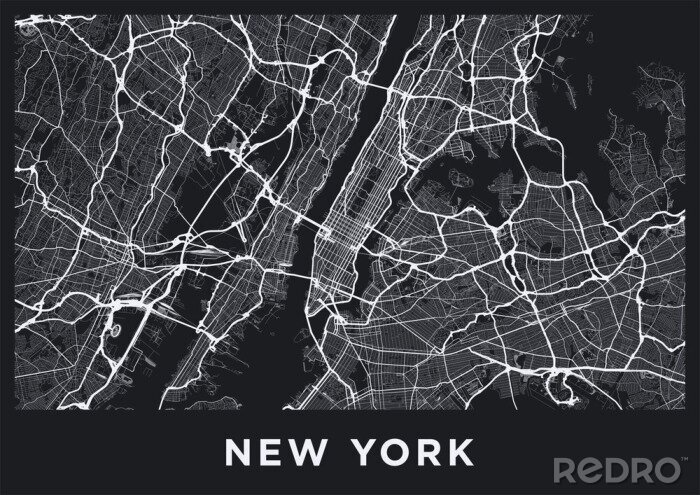 Fototapete Dark New York City map. Road map of New York (United States). Black and white (dark) illustration of new york streets. Transport network of the Big Apple. Printable poster format (album).