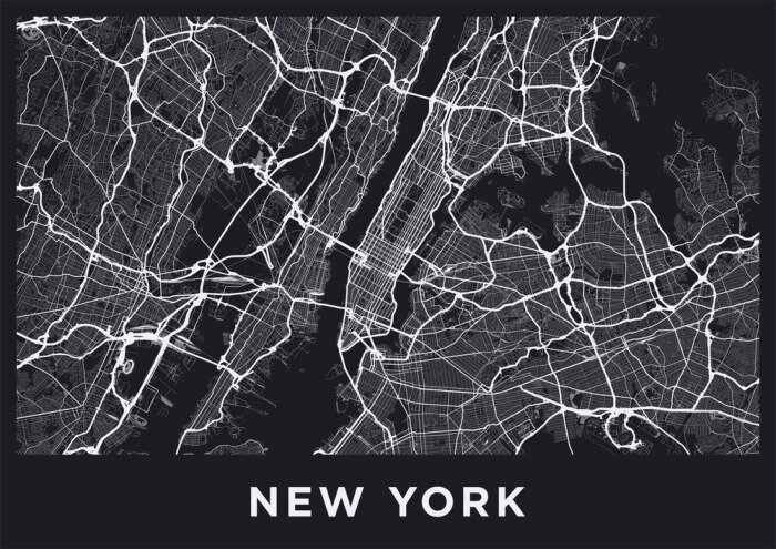 Fototapete Dark New York City map. Road map of New York (United States). Black and white (dark) illustration of new york streets. Transport network of the Big Apple. Printable poster format (album).