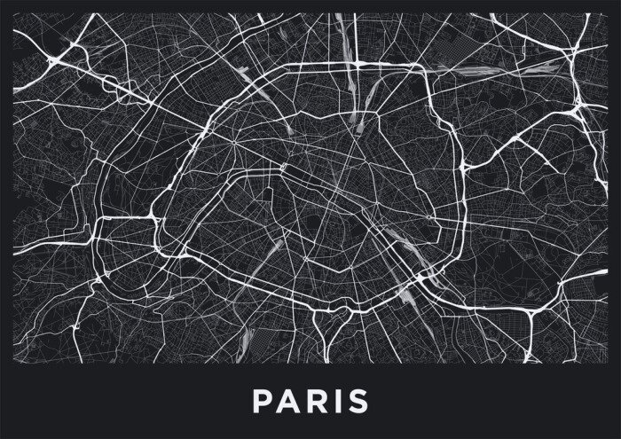 Fototapete Dark Paris city map. Road map of Paris (France). Black and white (dark) illustration of parisian streets. Printable poster format (album).